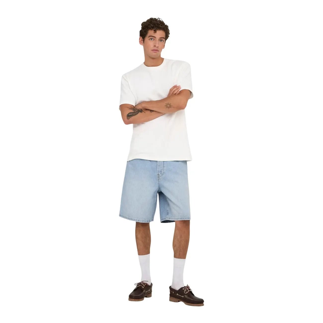 Only & Sons Men Blue Fade Organic Cotton Denim Shorts Relaxed Fit by Only & Sons