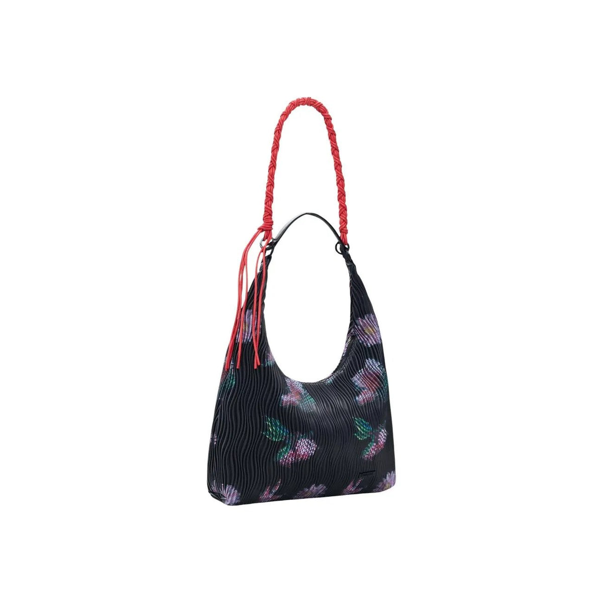 Desigual Women Black Floral Pleated Shoulder Bag With Red Braided Strap by Desigual