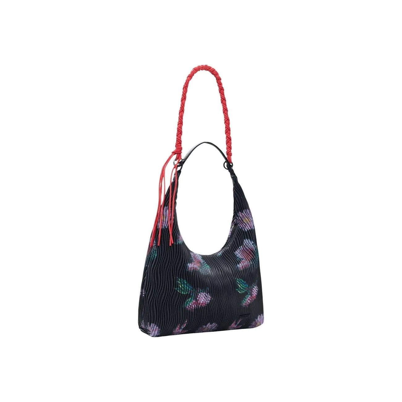 Desigual Women Black Floral Pleated Shoulder Bag With Red Braided Strap by Desigual