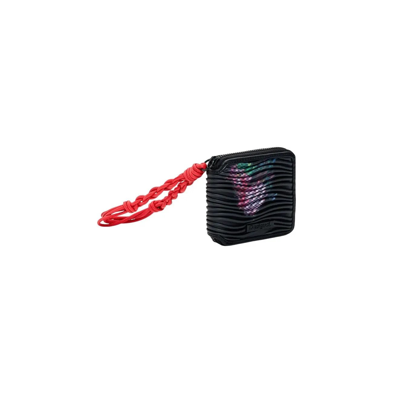 Desigual Women Stylish Black Pleated Zip Wallet With Braided Red Wrist Strap by Desigual