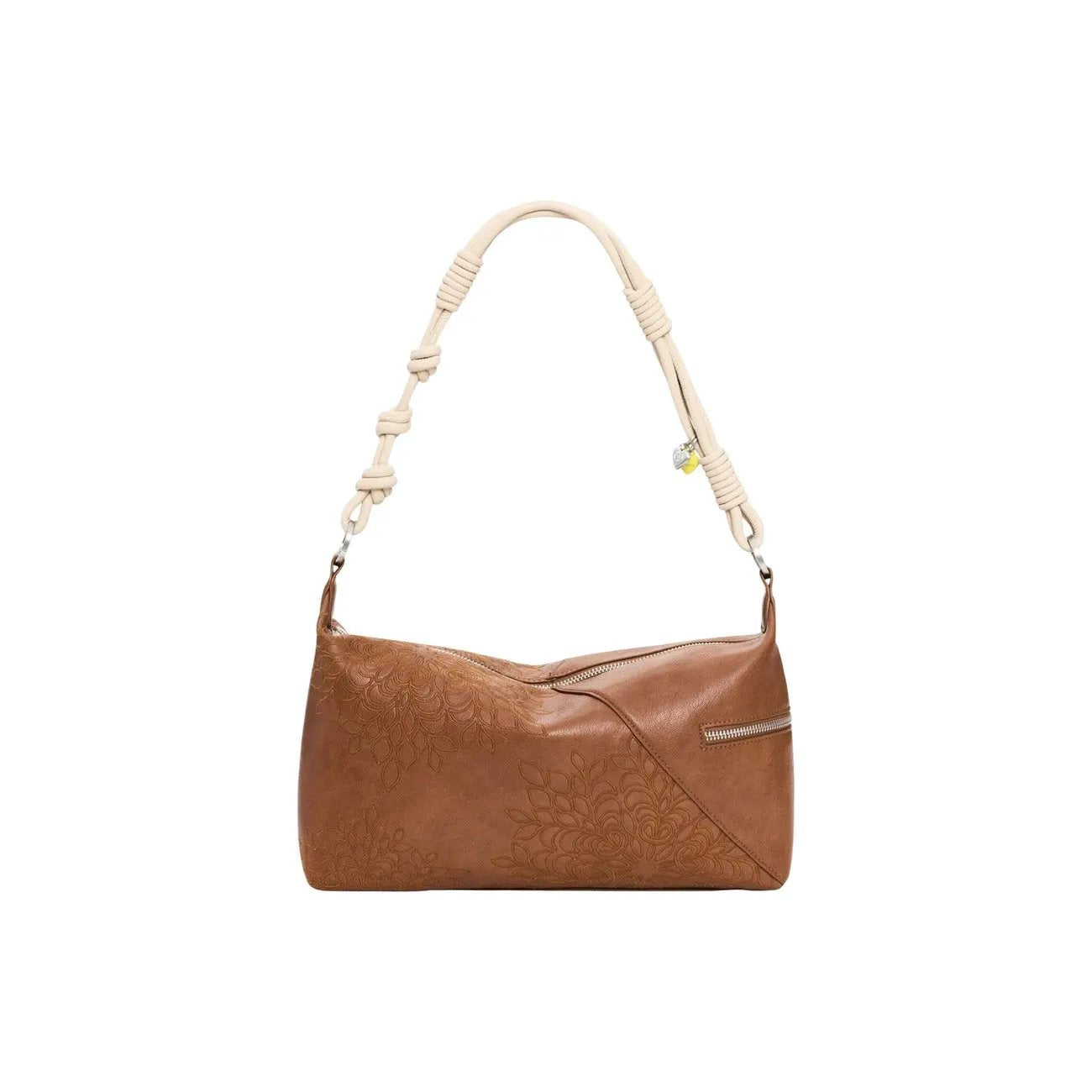 Desigual Women Camel Embossed Shoulder Bag With Knot Handle Zip Pockets by Desigual