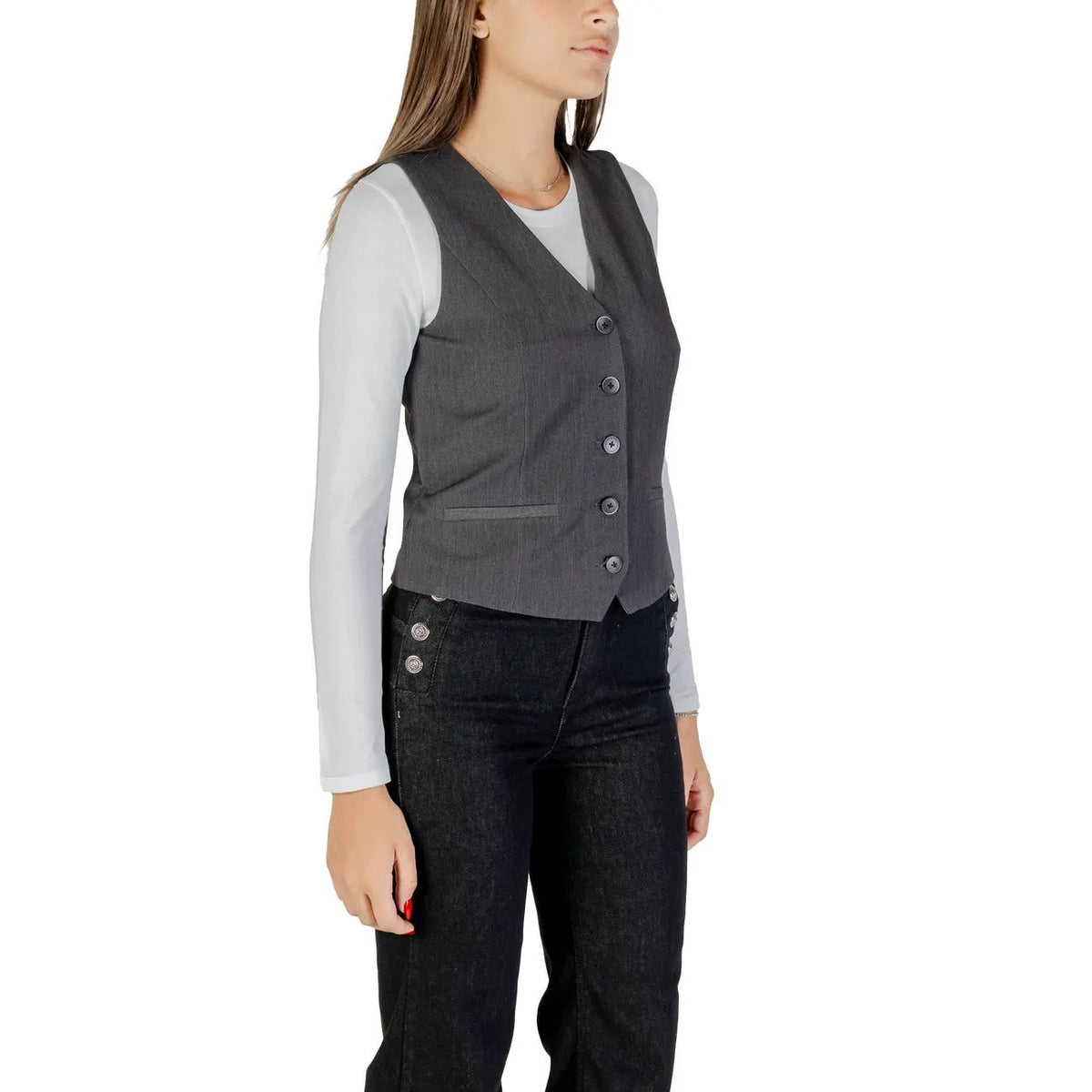Only Womens Essential Grey Button Front V-Neck Lightweight Gilet by Only