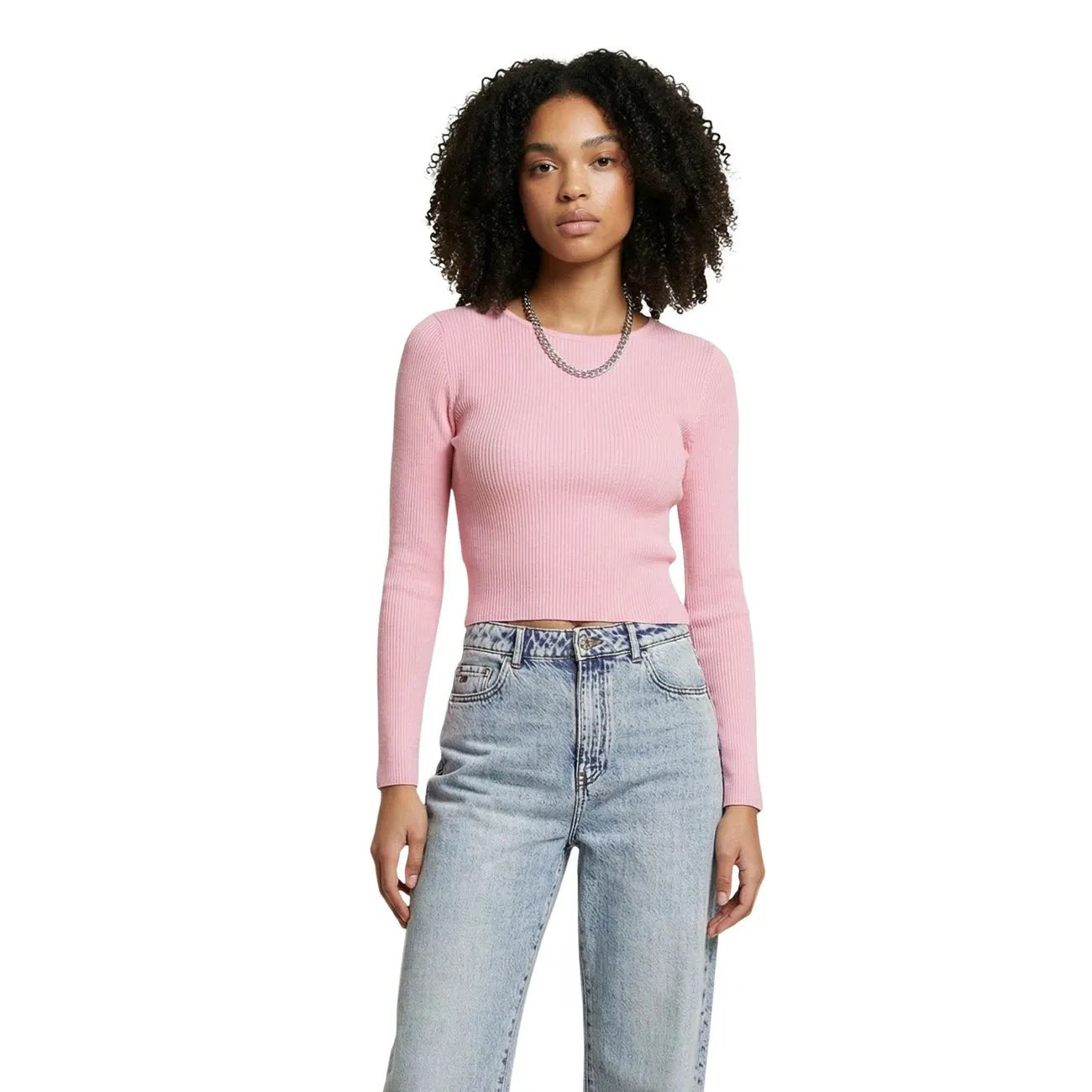 Only Women Stylish Pink Long Sleeve Knitwear Top With Round Neck by Only