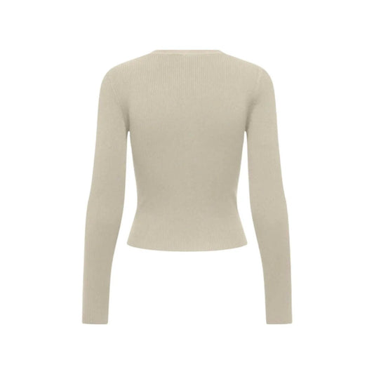Only Women Beige V Neck Long Sleeve Button Front Ribbed Cardigan Top by Only
