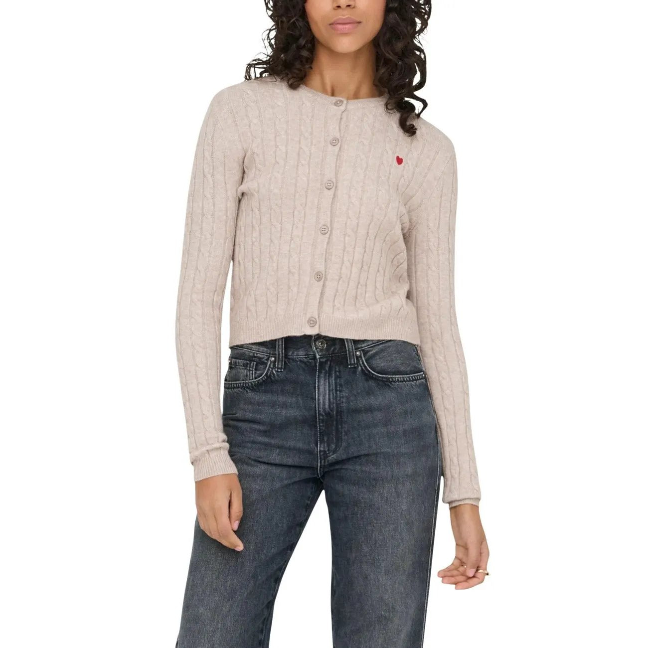 Only Women Cozy Beige Cable Knit Button Front Long Sleeve Cardigan by Only