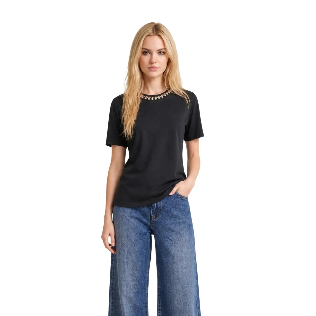 Only Women Black Bling Round Neck Short Sleeve Organic Cotton Shirt by Only