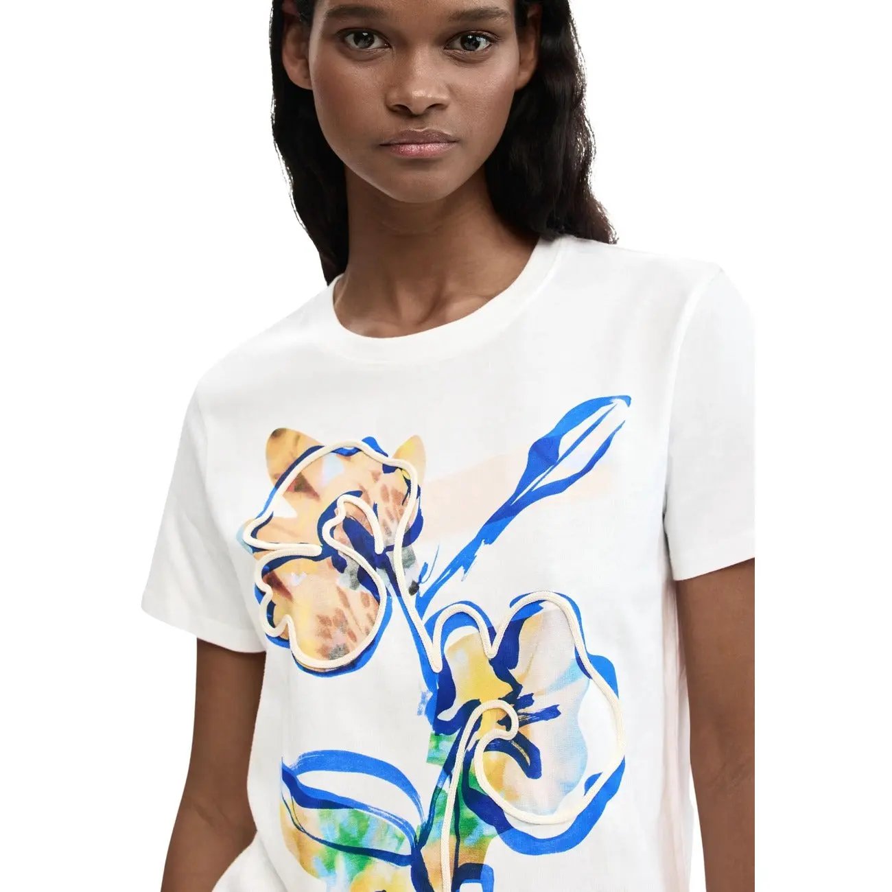 Premium Desigual Women White Floral Print Cotton Short Sleeve T-Shirt by Desigual