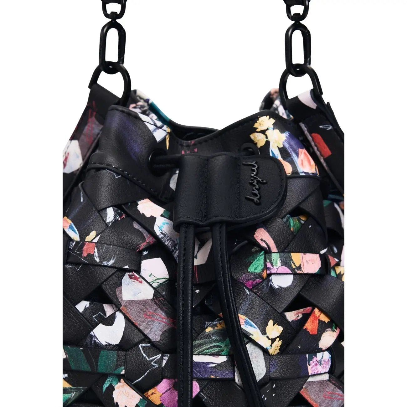 Desigual Women Black Cotton Floral Print Crossbody Bag With Inside Pockets by Desigual