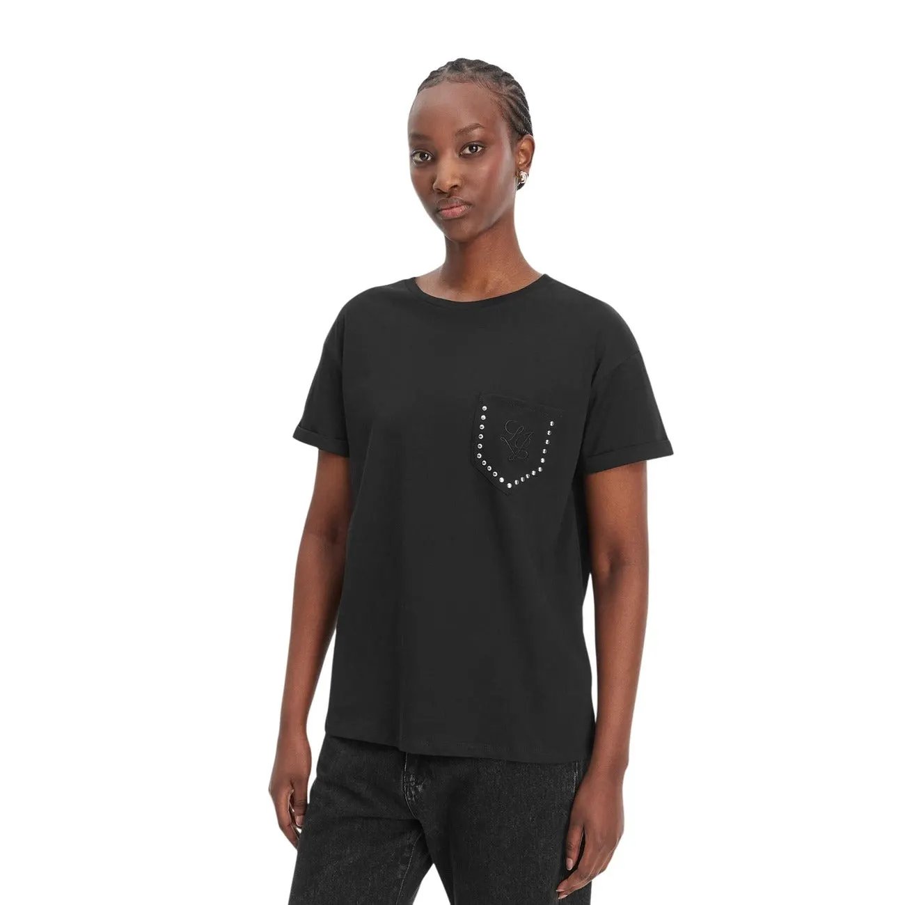 Liu Jo Women Black Cotton T-Shirt With Studded Pearl Details by Liu Jo