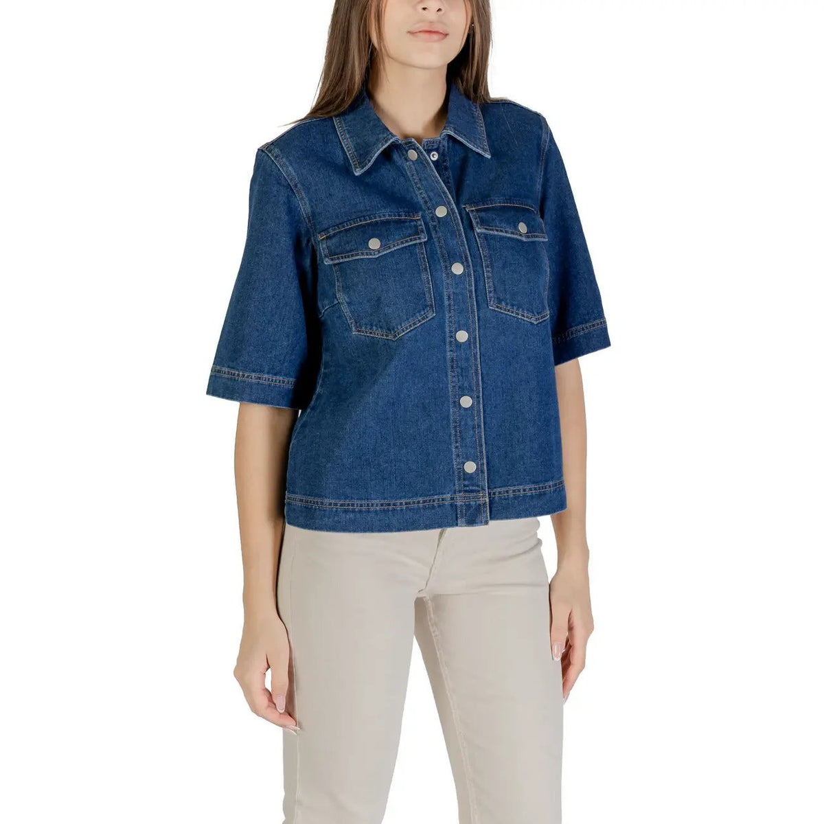 Stylish Only Women Blue Denim Shirt Short Sleeve Classic Cotton Top by Only
