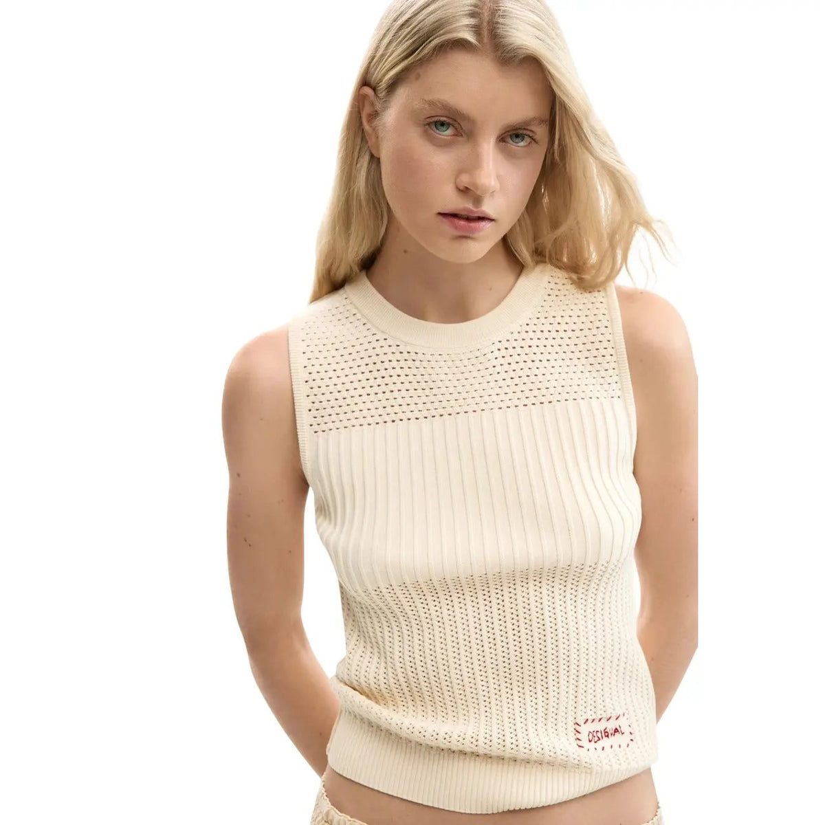 Desigual Women Stunning Beige Sleeveless Knit Top Breathable Cotton Blend by Desigual