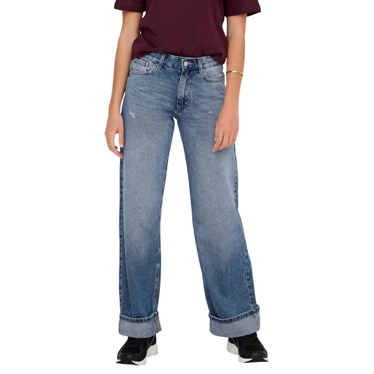 Only Women Wide Leg Fold Up Blue Denim Jeans Cotton Comfortable Fit by Only
