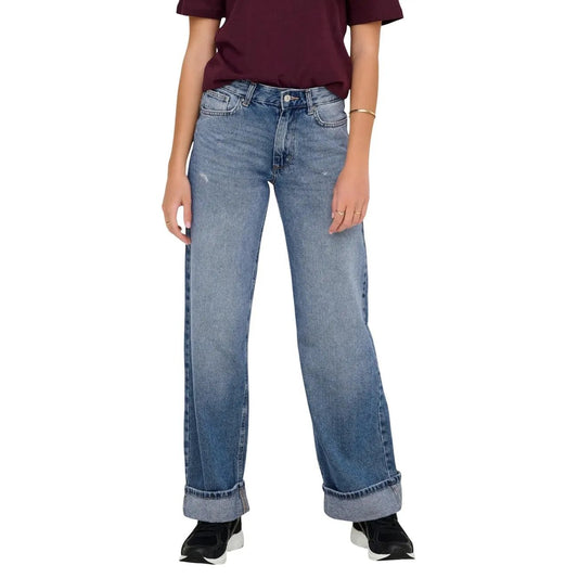 Only Women Wide Leg Fold Up Blue Denim Jeans Cotton Comfortable Fit by Only