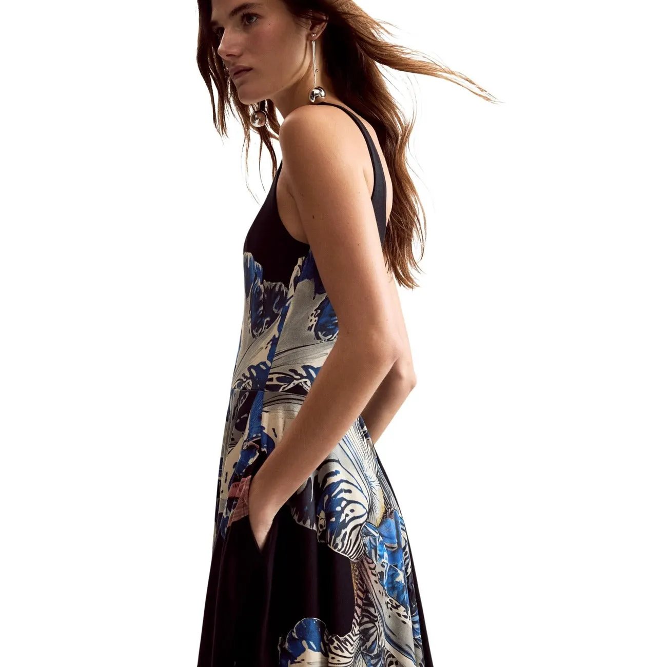 Desigual Women Black Floral Strap Dress Elegant Cotton Blend Summer Style by Desigual