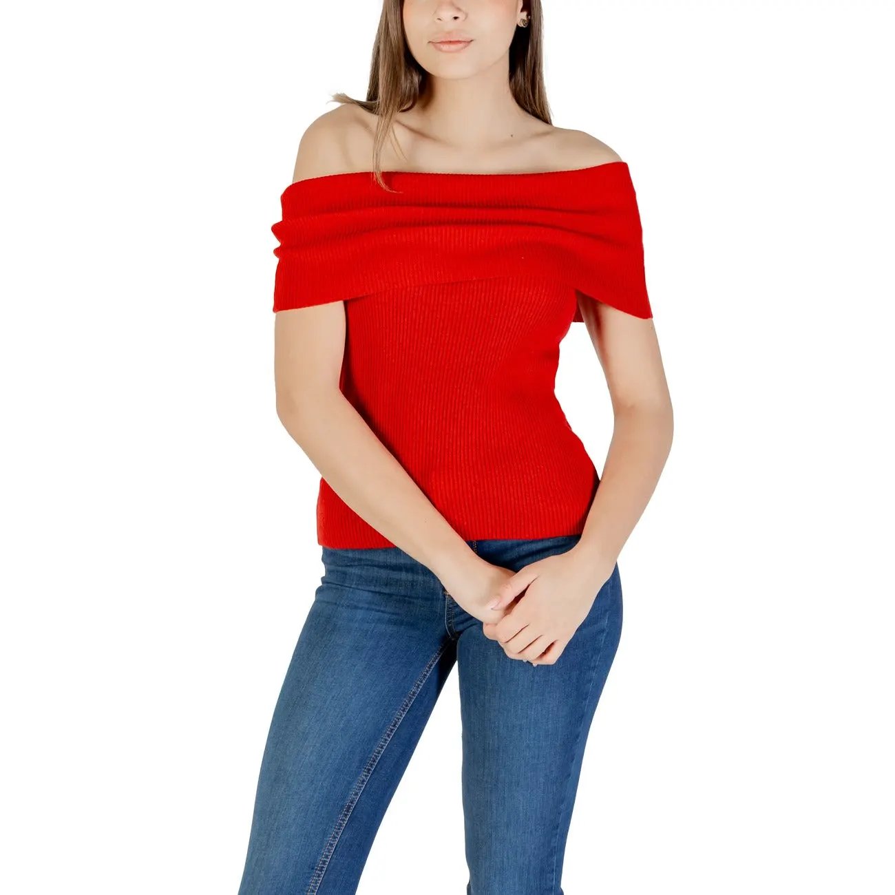 Only Women Red Stylish Off-Shoulder Knitwear Top Sleeveless Cotton Blend by Only