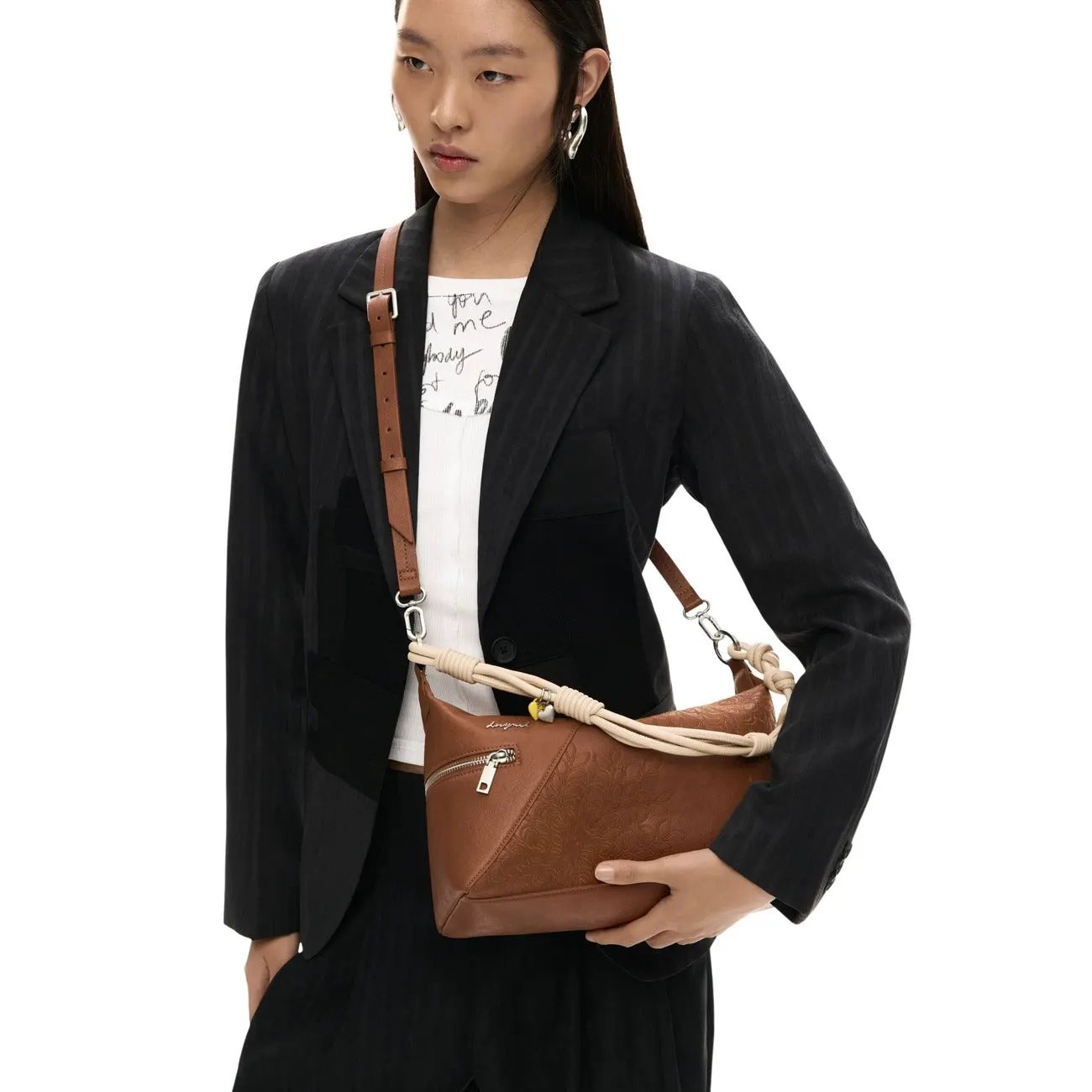 Desigual Women Camel Embossed Shoulder Bag With Knot Handle Zip Pockets by Desigual