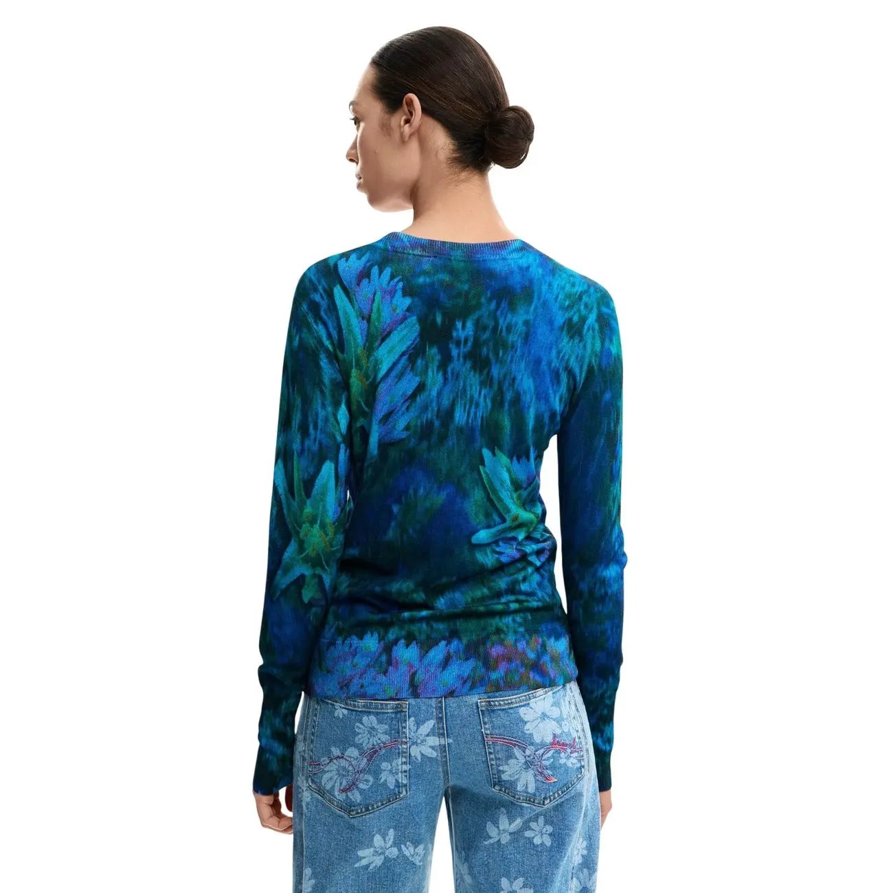 Desigual Women Blue Floral Long Sleeve Viscose Blend Knitwear Sweater by Desigual