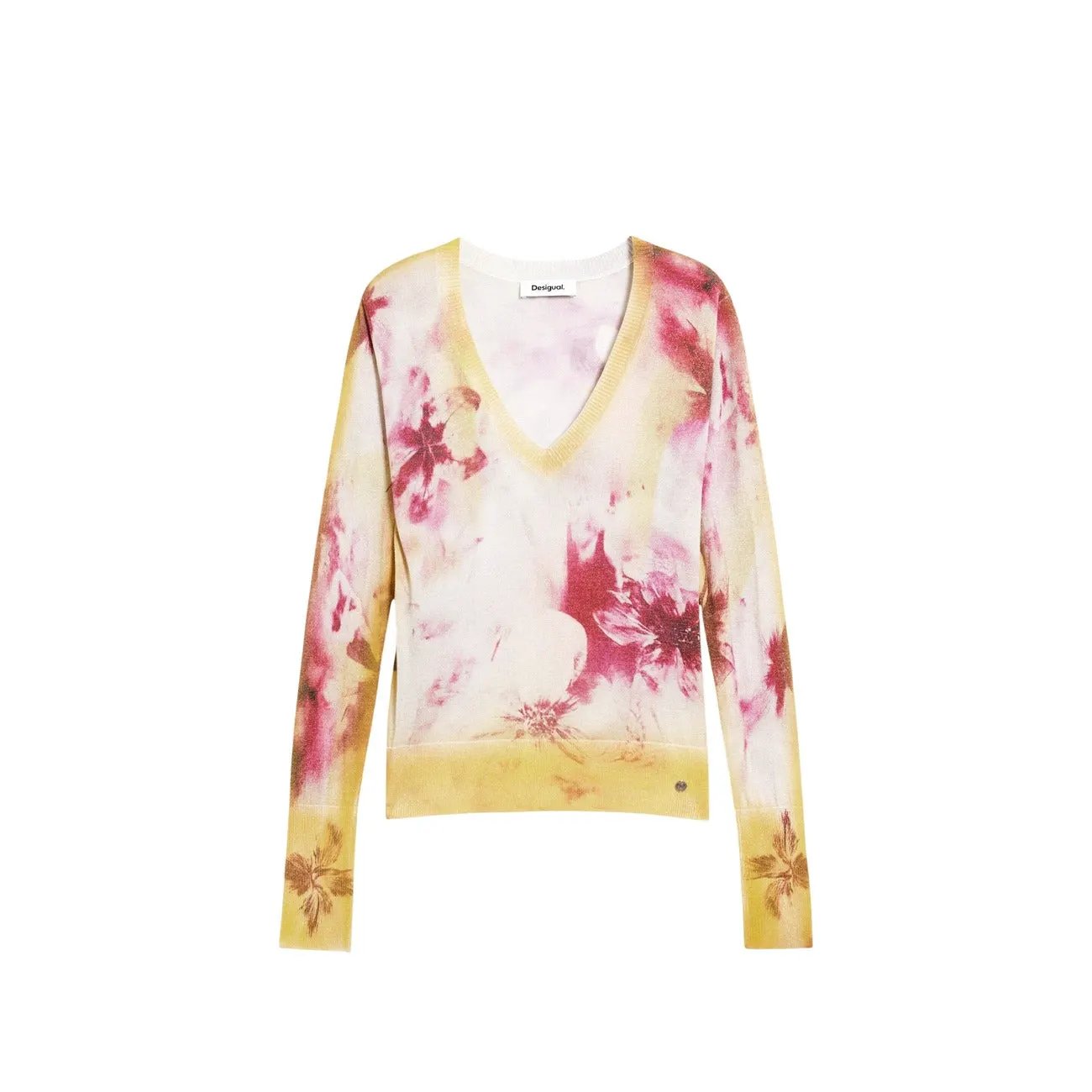 Desigual Women Elegant Floral V Neck Long Sleeve Knitwear Sweater Pink by Desigual