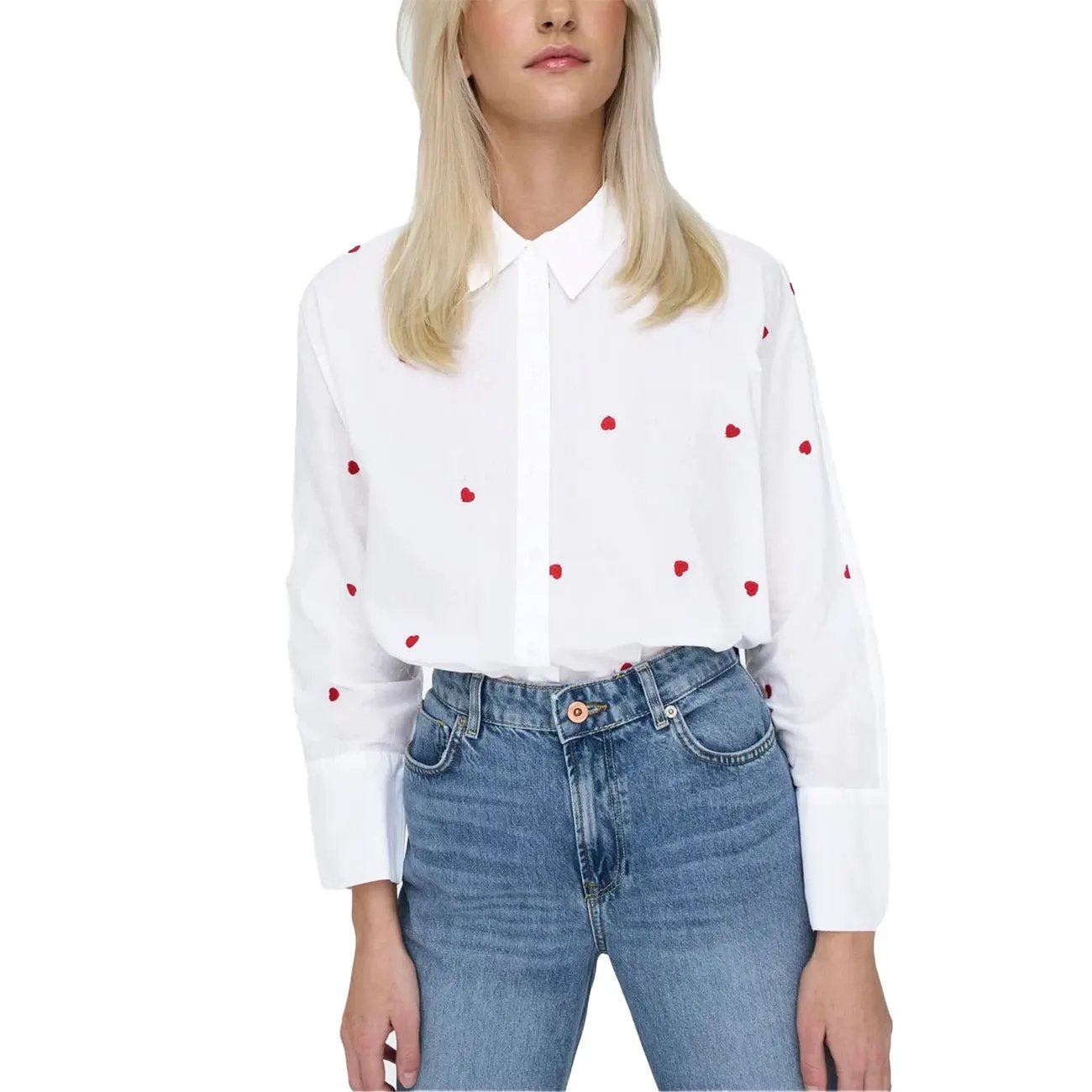 Only Women Stylish White Heart Print Cotton Long Sleeve Button Down Shirt by Only
