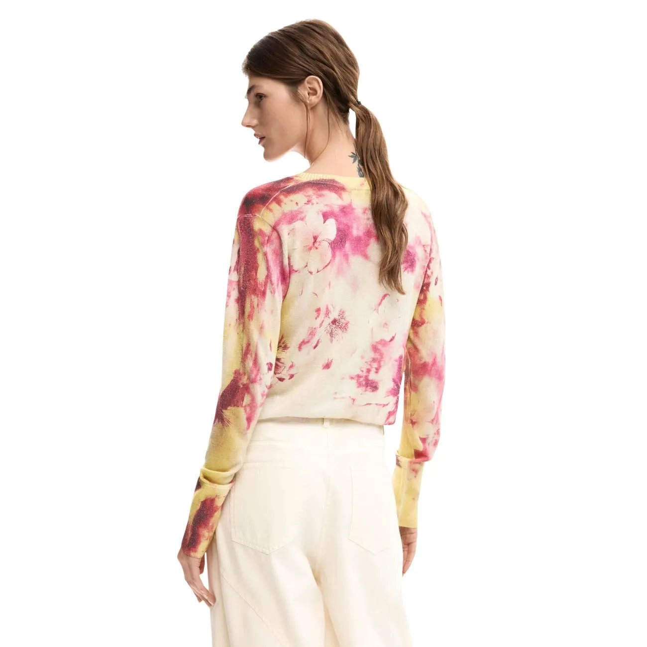 Desigual Women Elegant Floral V Neck Long Sleeve Knitwear Sweater Pink by Desigual