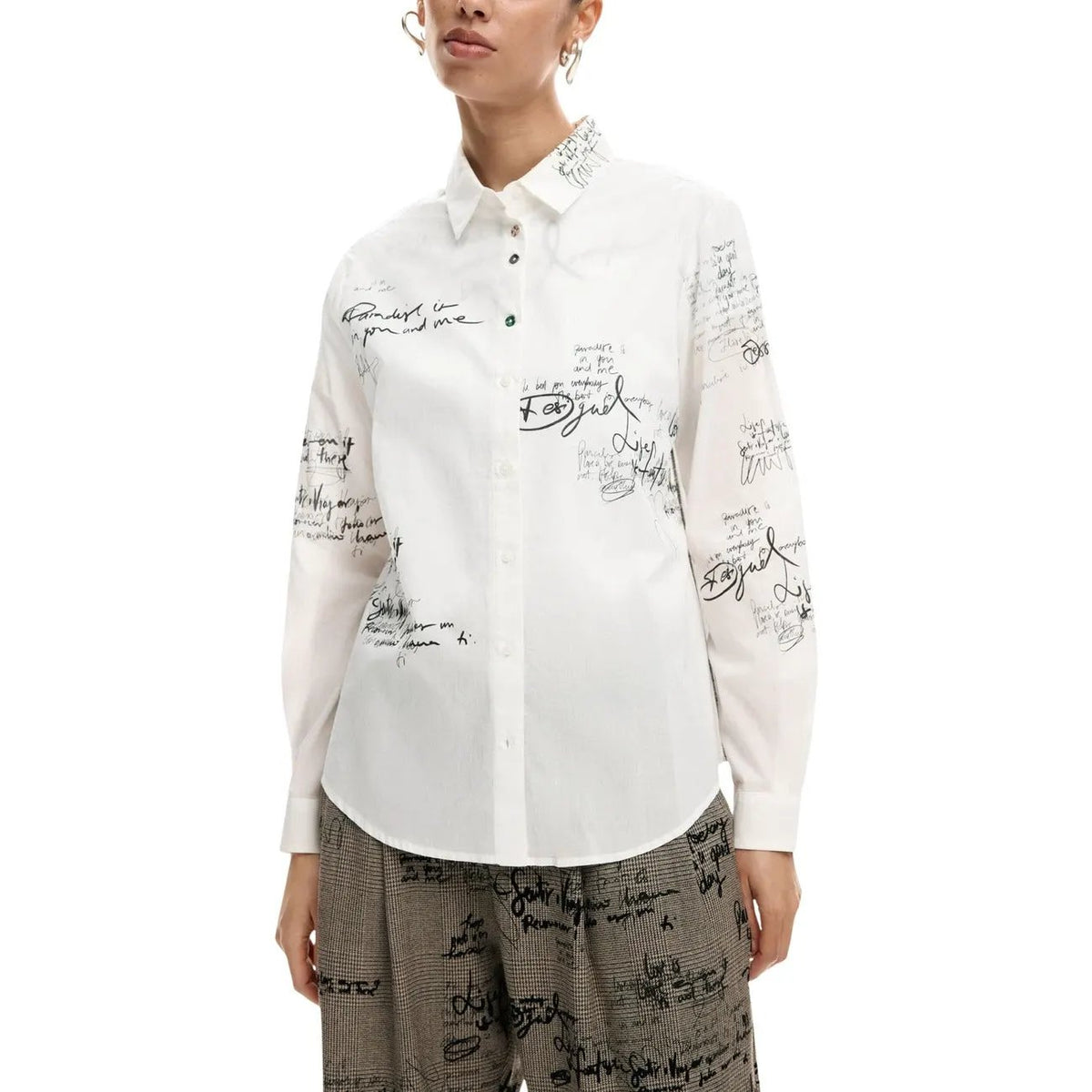 Desigual Women White Button-Front Shirt With Handwritten Script by Desigual