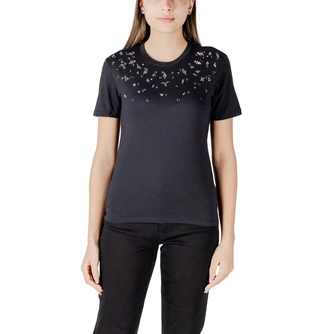 Only Women Black Cotton Modal Rhinestone Embellished Round Neck T-Shirt by Only