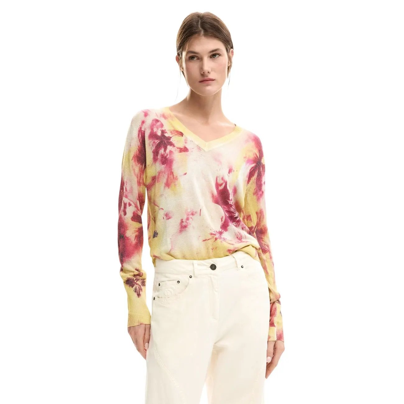 Desigual Women Elegant Floral V Neck Long Sleeve Knitwear Sweater Pink by Desigual