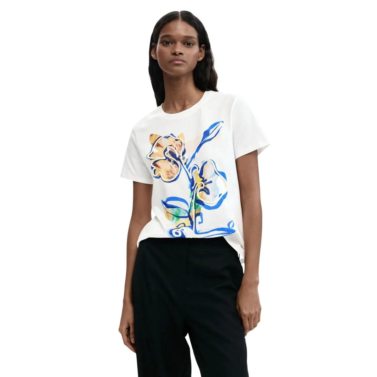 Premium Desigual Women White Floral Print Cotton Short Sleeve T-Shirt by Desigual