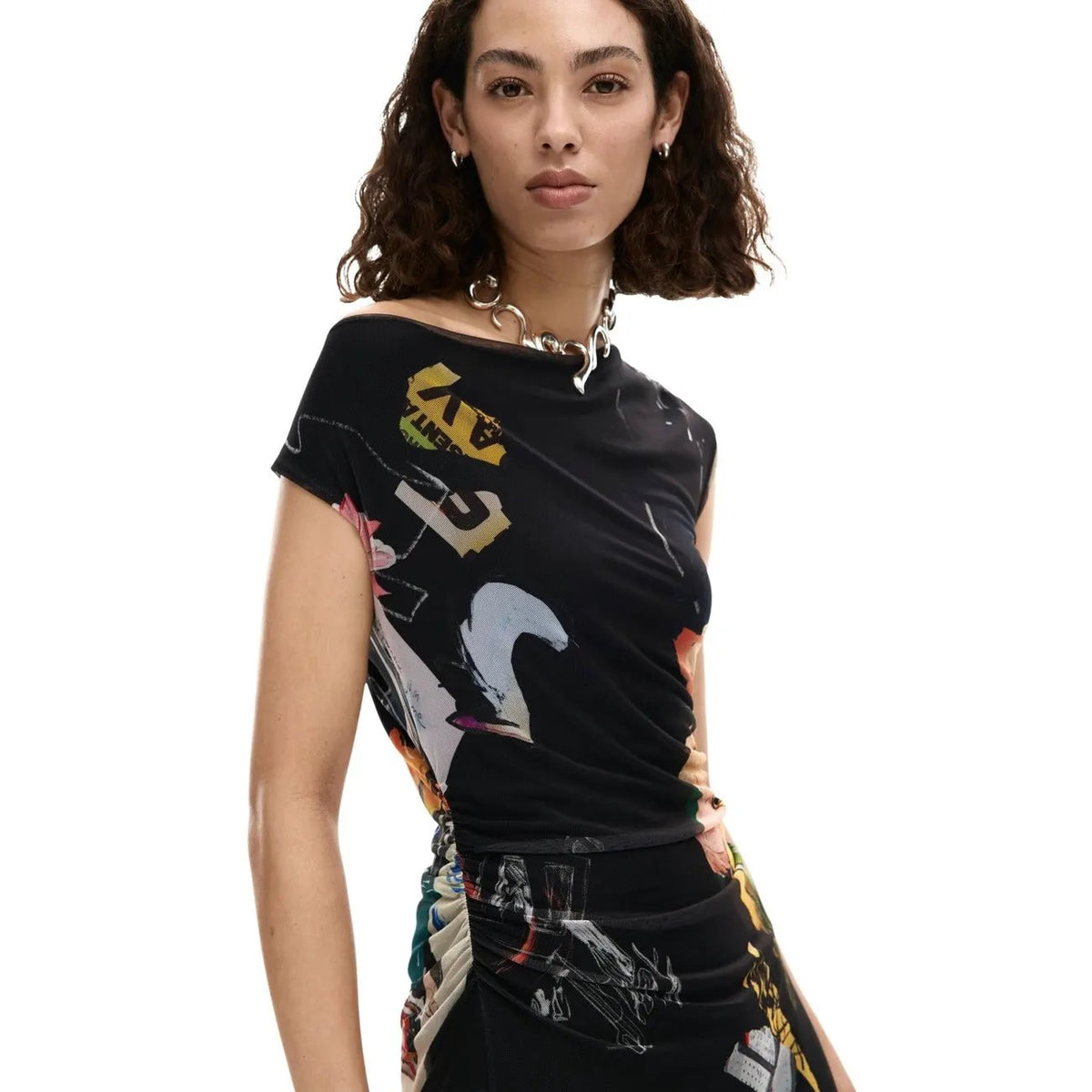 Desigual Women Elegant Black Abstract Print Stretch One Shoulder Dress by Desigual