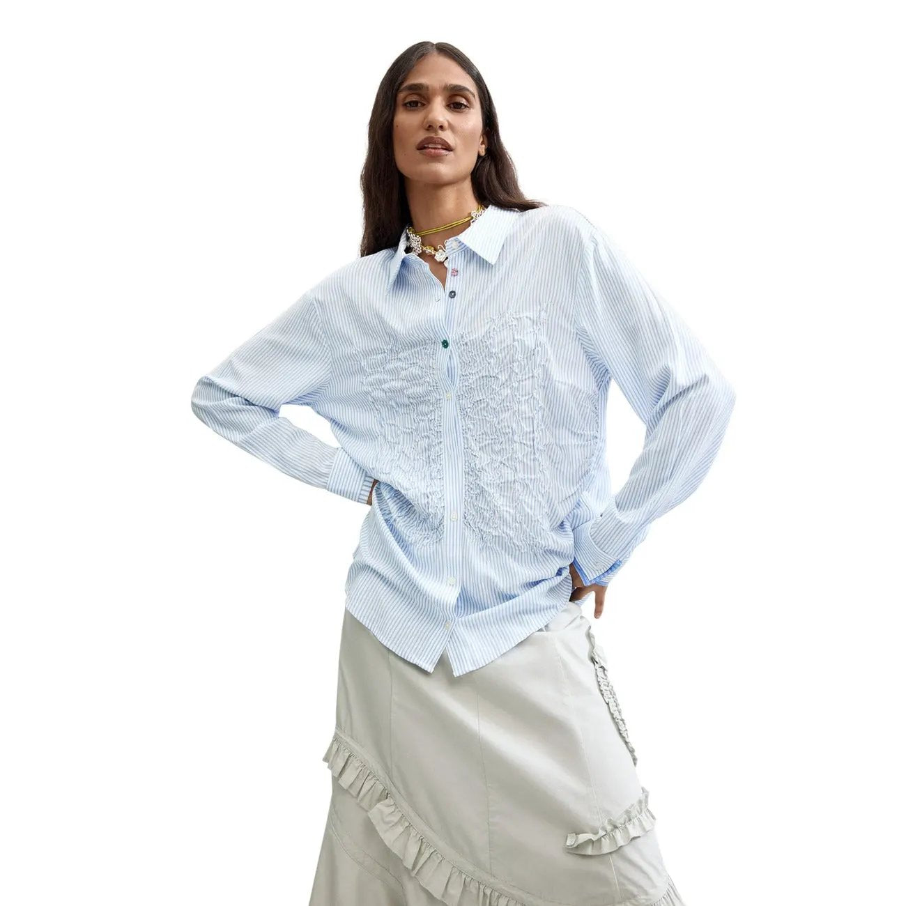 Desigual Women Elegant Light Blue Striped Long Sleeve Viscose Shirt by Desigual
