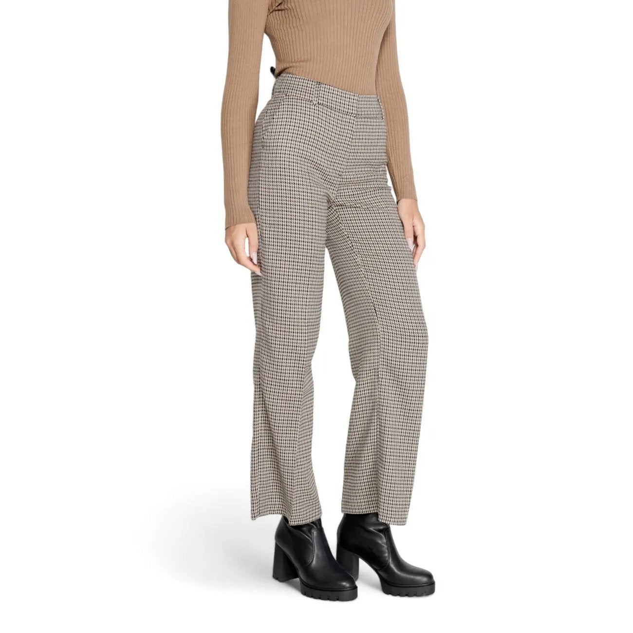 Only Women Checked Beige Flared Trousers With Zip Fastening Stretch by Only