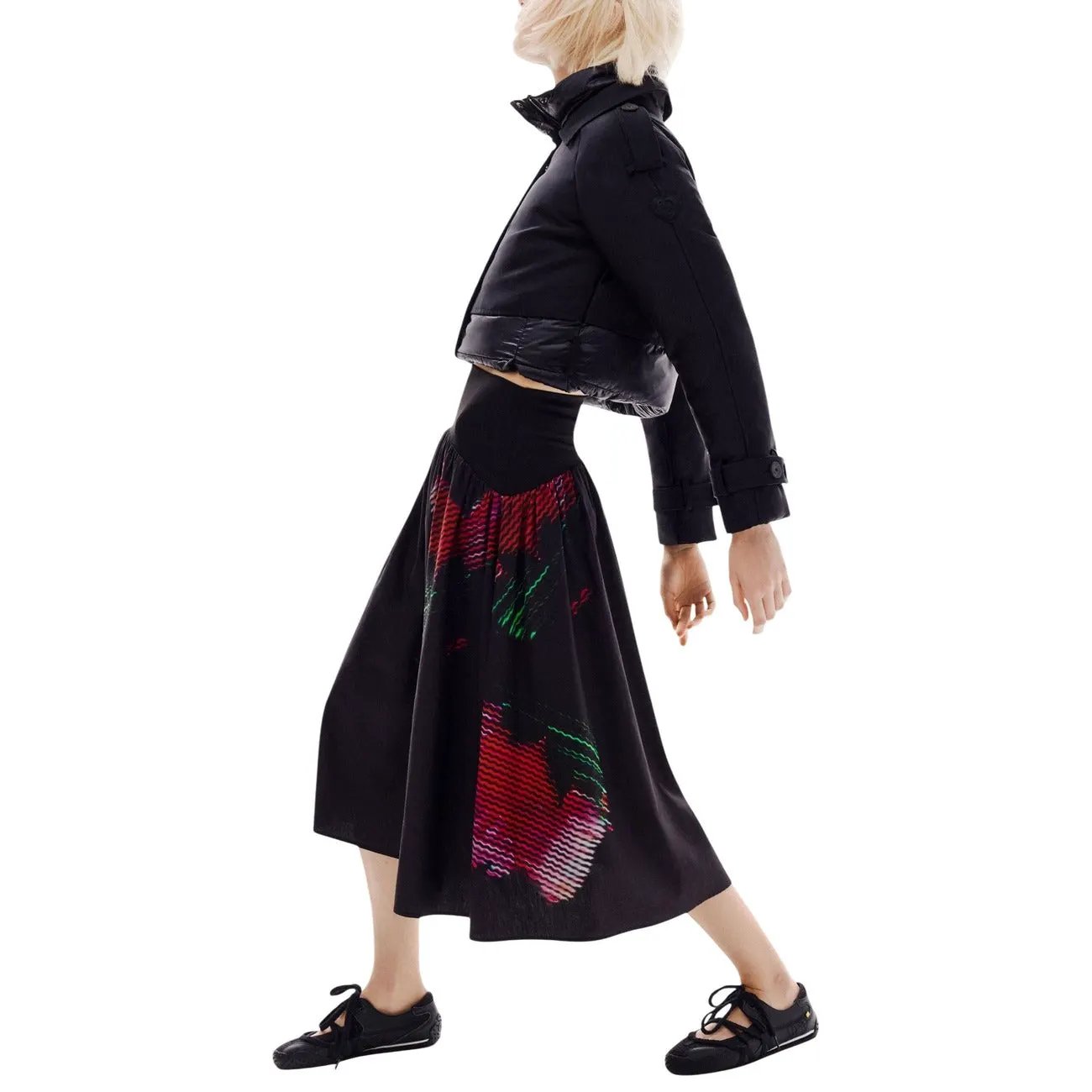 Desigual Black Floral Midi Skirt For Women High Waist Flowy by Desigual