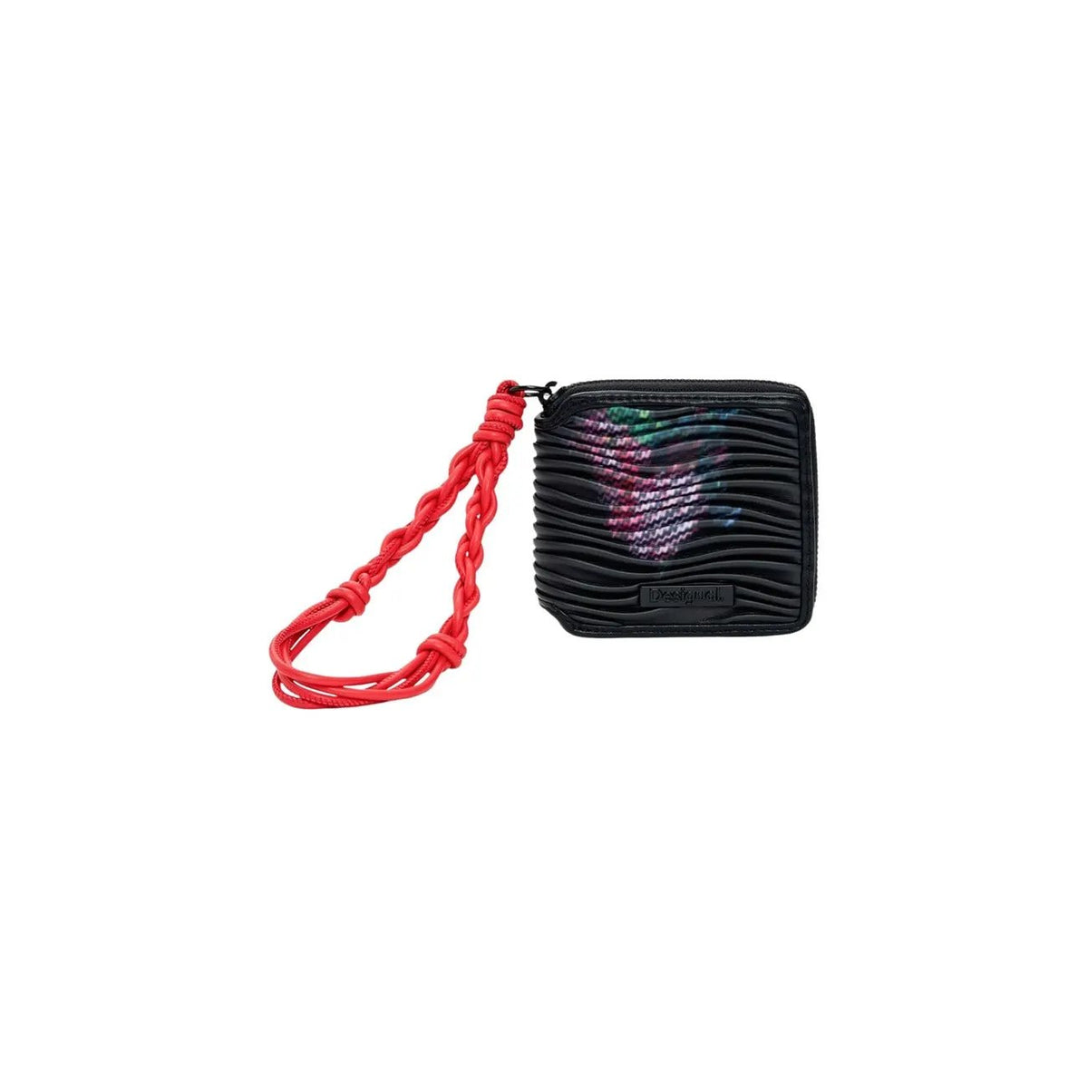 Desigual Women Stylish Black Pleated Zip Wallet With Braided Red Wrist Strap by Desigual