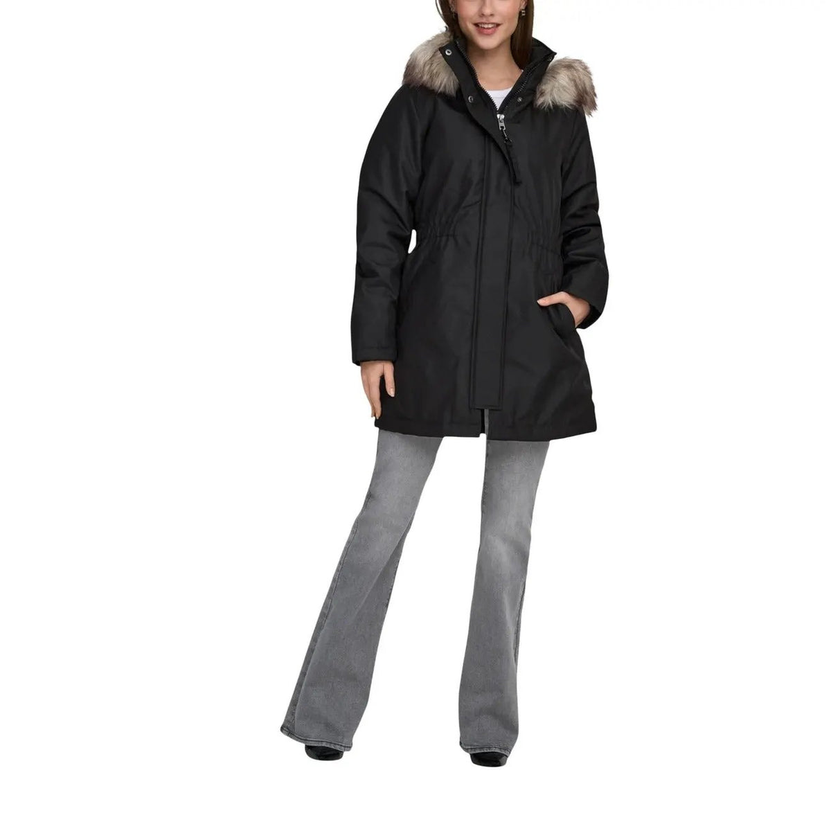 Only Women Black Winter Fur Hooded Parka Jacket With Zipper Warm Stylish by Only