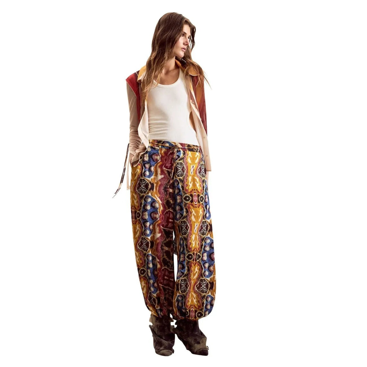 Desigual Women Trendy Printed Viscose Trousers With Belt Mustard Pattern by Desigual