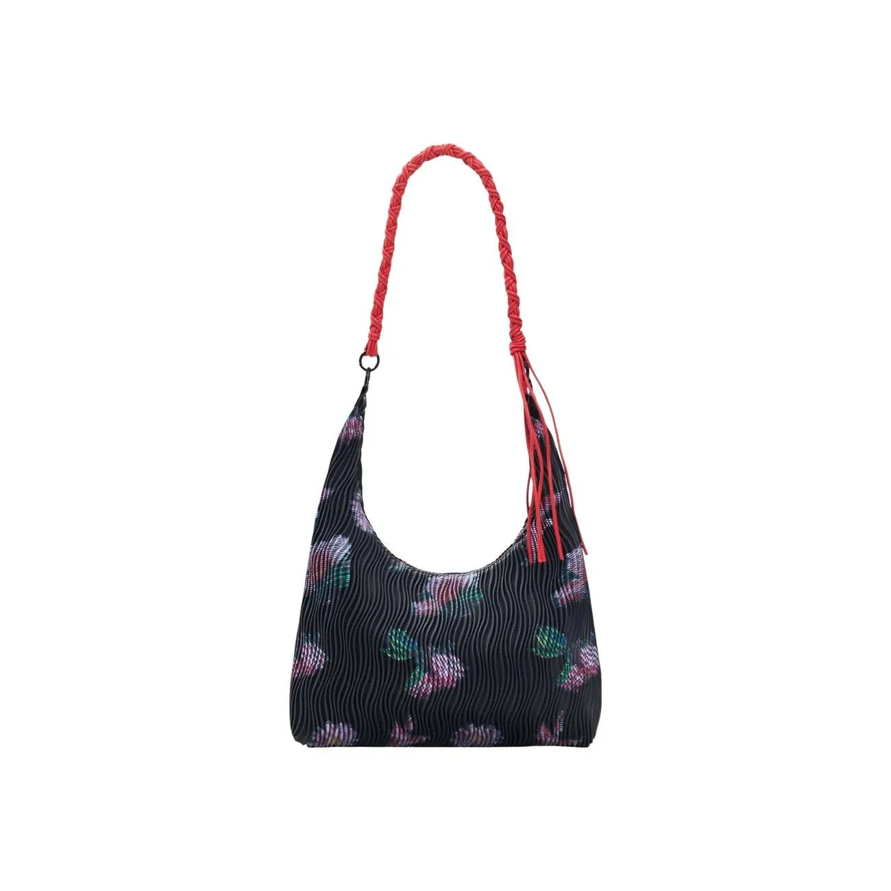Desigual Women Black Floral Pleated Shoulder Bag With Red Braided Strap by Desigual