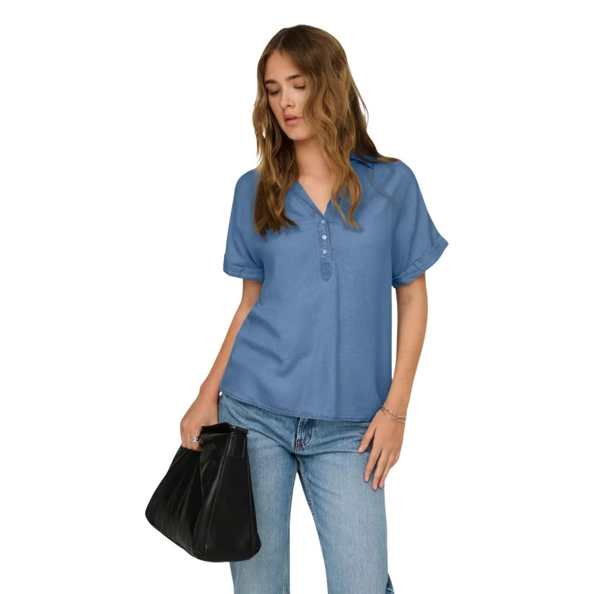 Only Women Blue Cap Sleeve Button Blouse Lyocell Stylish Summer Shirt by Only