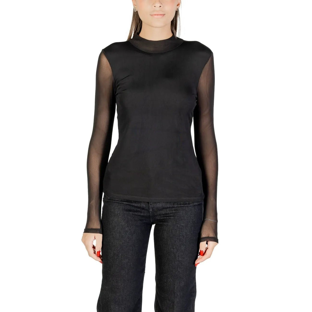 Only Women Black Long Sleeve Sheer Mesh Knitwear Top Stretchy Winter by Only