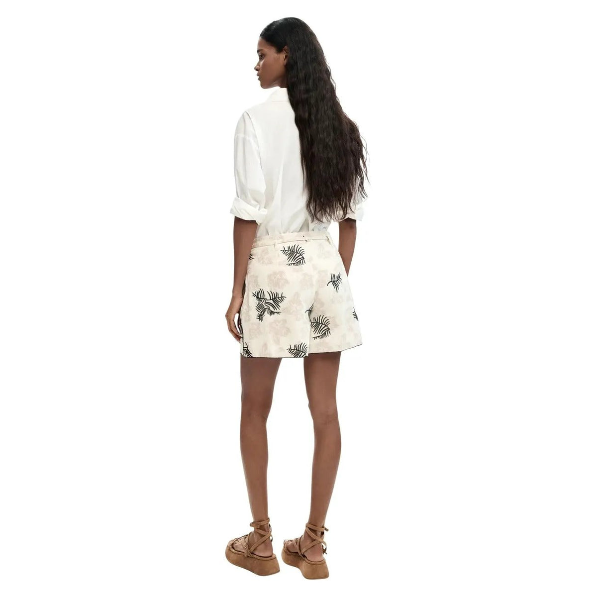 Desigual Women Beige Tropical Print Cotton Linen Shorts Laces Summer by Desigual