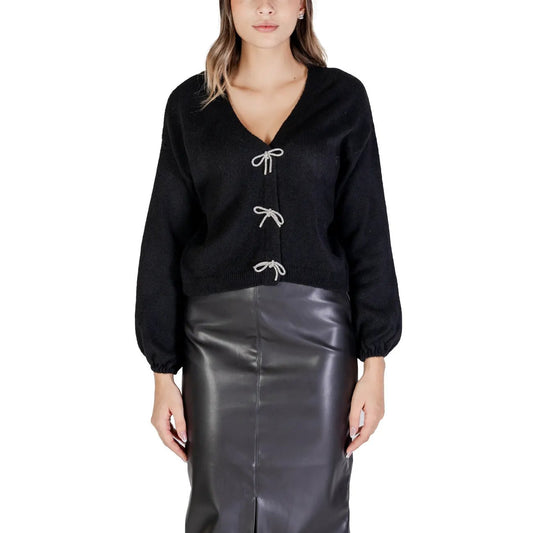 Only Women Black V Neck Knitwear Cardigan With Bow Detail Long Sleeve by Only