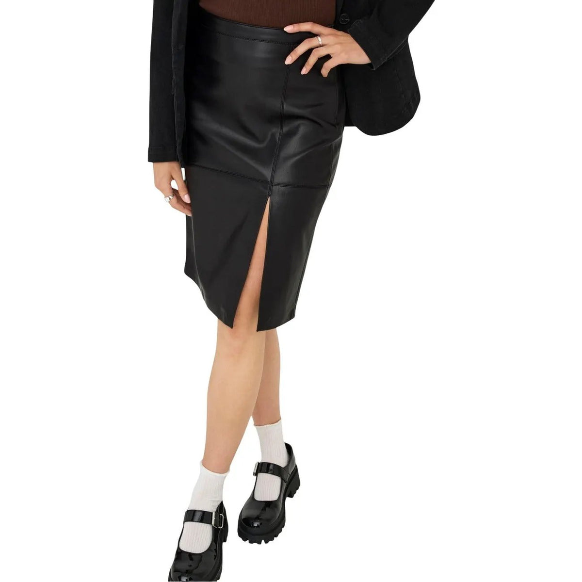 Only Women Stylish Black Polyester Pencil Skirt With Front Zip Slit Detail by Only