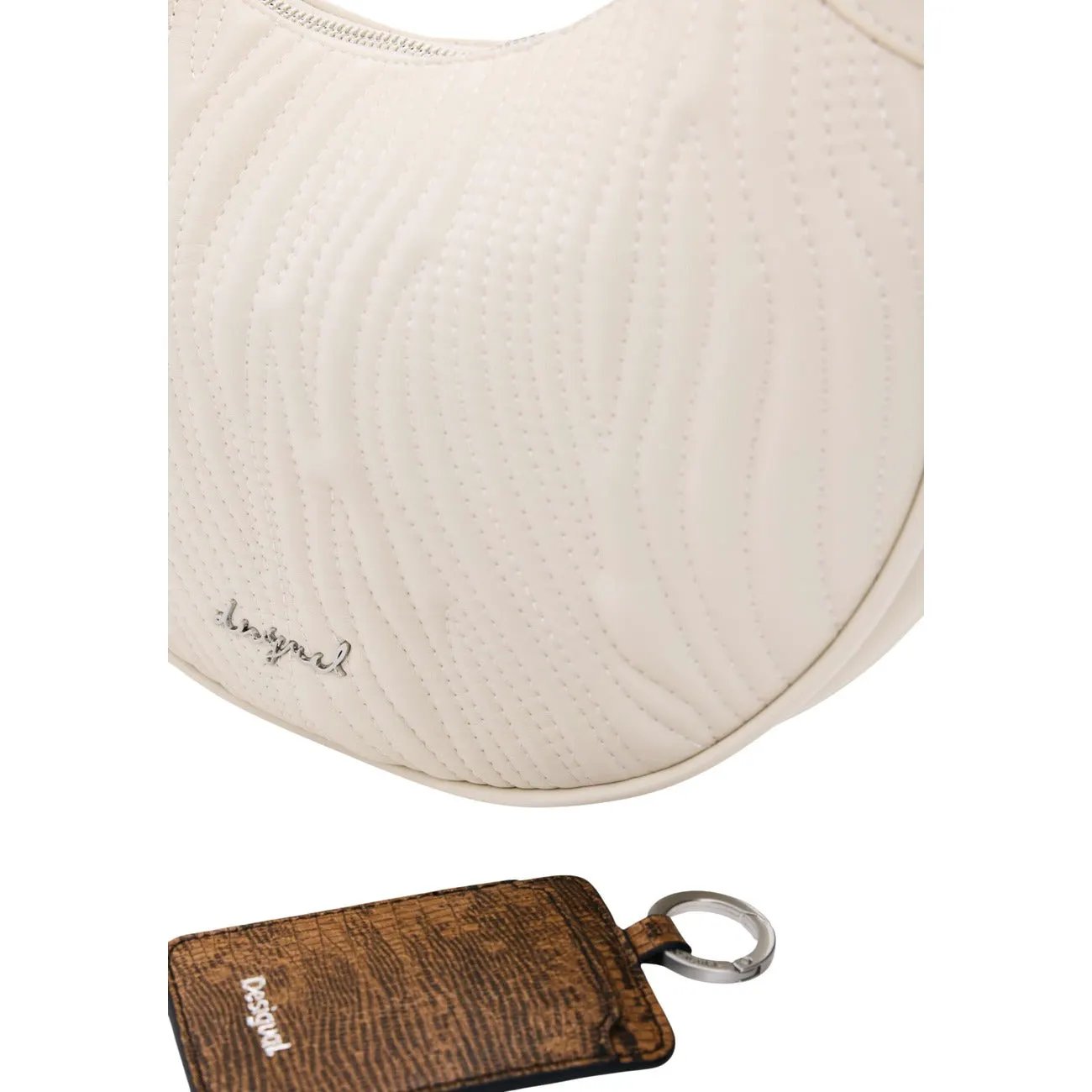 Desigual Women Beige Braided Crescent Handbag With Zip Inside Pocket by Desigual