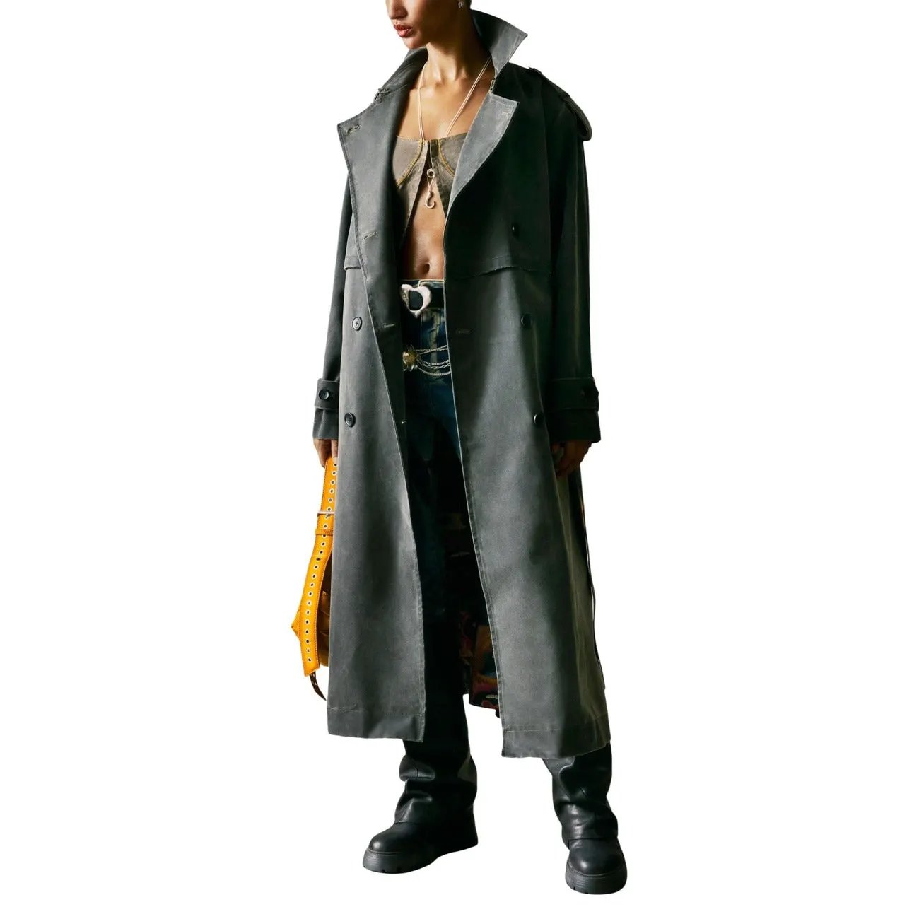 Desigual Women's Elegant Grey Belted Trench Coat With Lapel Collar Design by Desigual