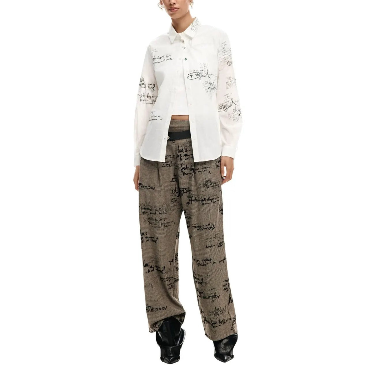 Desigual Women White Button-Front Shirt With Handwritten Script by Desigual