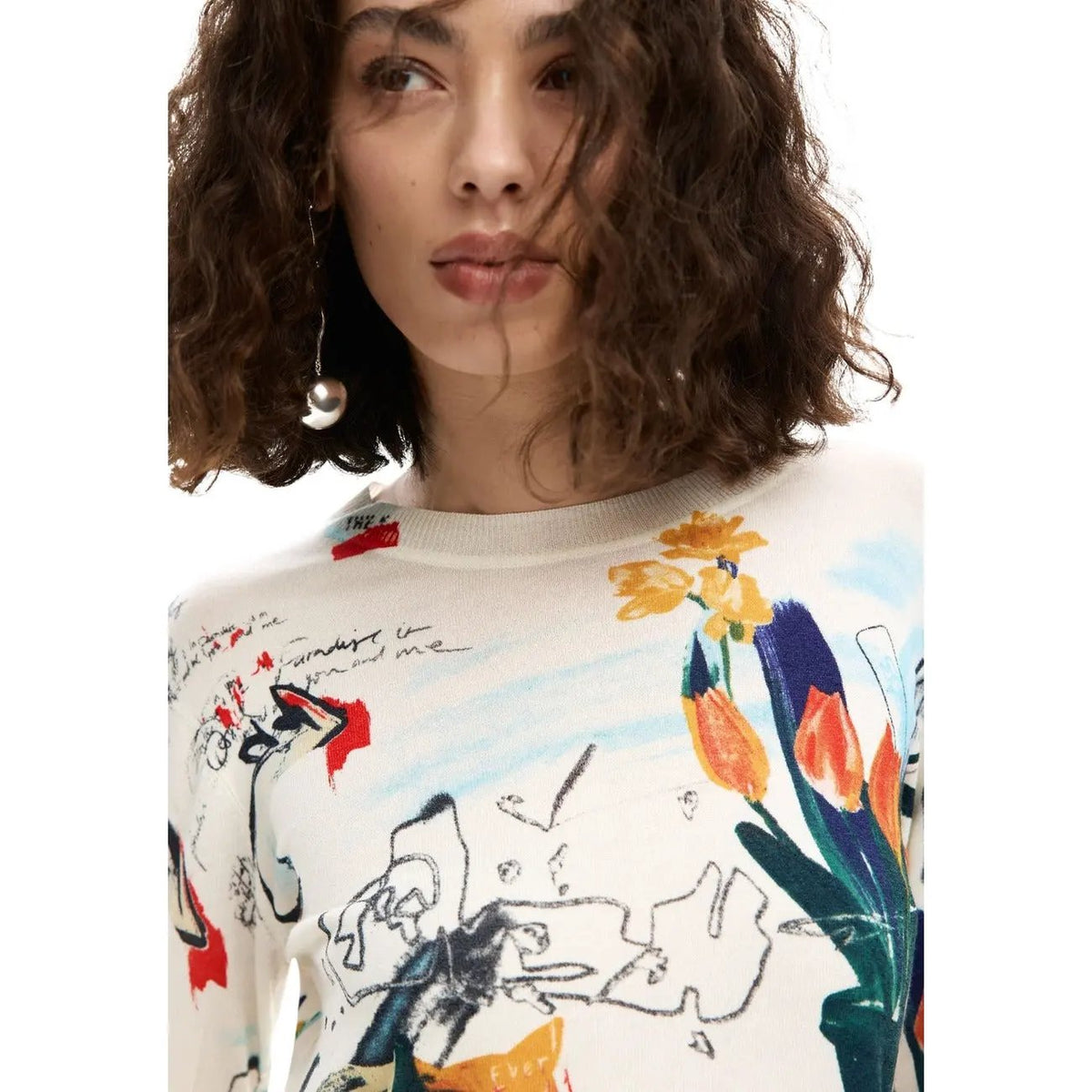 Desigual Women Stunning Floral Printed Knitwear Summer Top Long Sleeve by Desigual