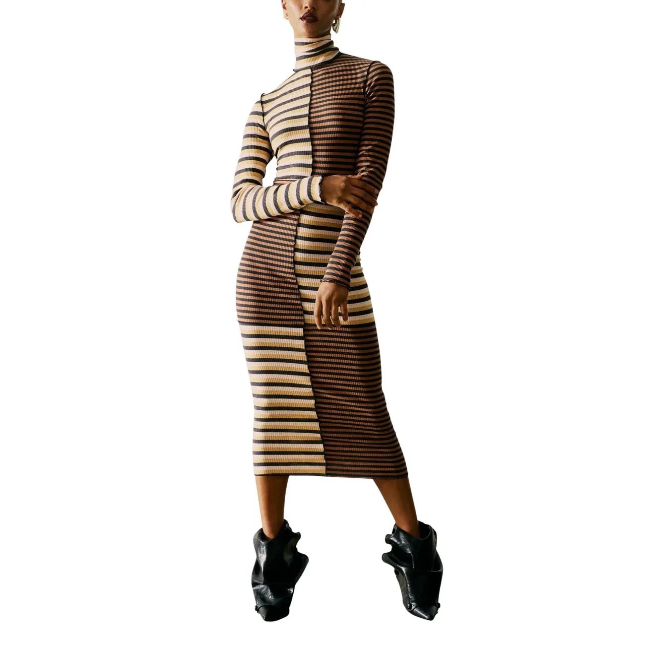 Desigual Women Elegant Striped Long Sleeve Turtleneck Cotton Dress by Desigual