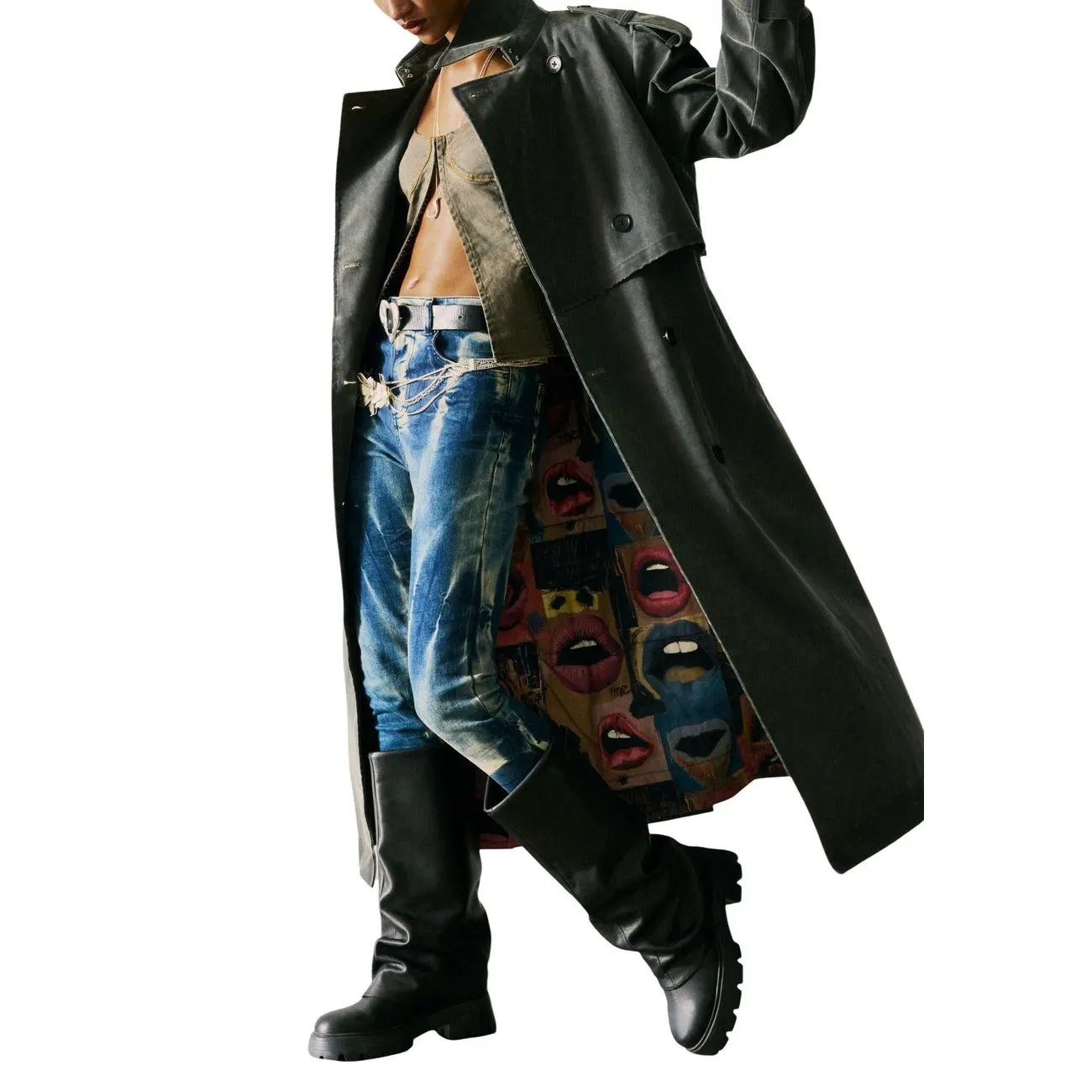 Desigual Women's Elegant Grey Belted Trench Coat With Lapel Collar Design by Desigual