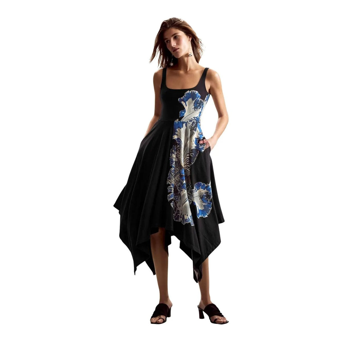 Desigual Women Black Floral Strap Dress Elegant Cotton Blend Summer Style by Desigual