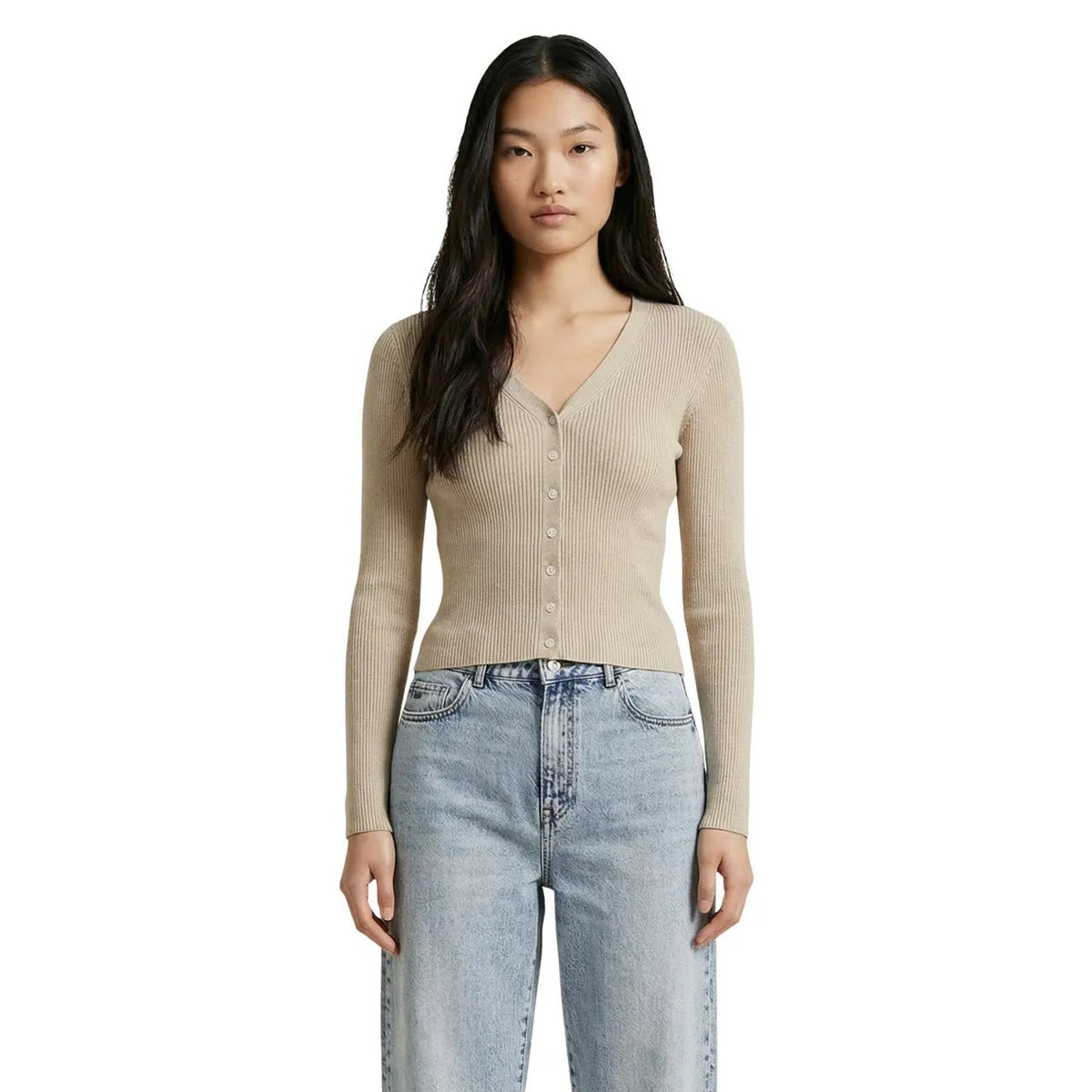 Only Women Beige V Neck Long Sleeve Button Front Ribbed Cardigan Top by Only
