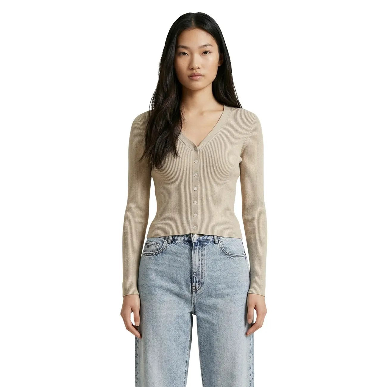 Only Women Beige V Neck Long Sleeve Button Front Ribbed Cardigan Top by Only